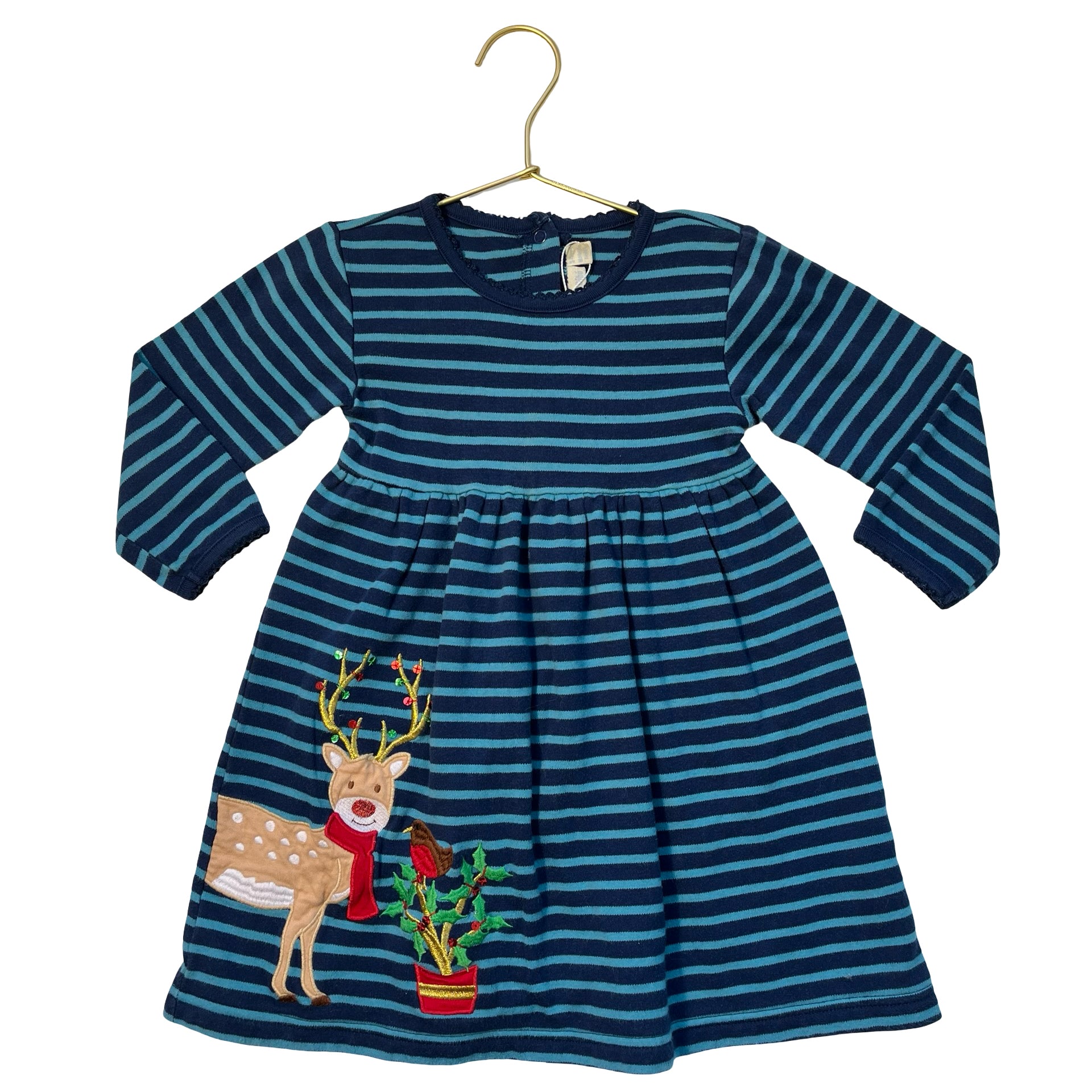 JoJo Maman Bebe Navy & Teal Striped Reindeer Applique Dress - Size 3-4Y