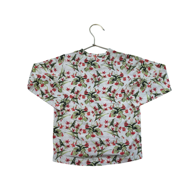 Kate Quinn The Woods Ivory, Red, Green Floral & Bird Print Shirt - Size 4T