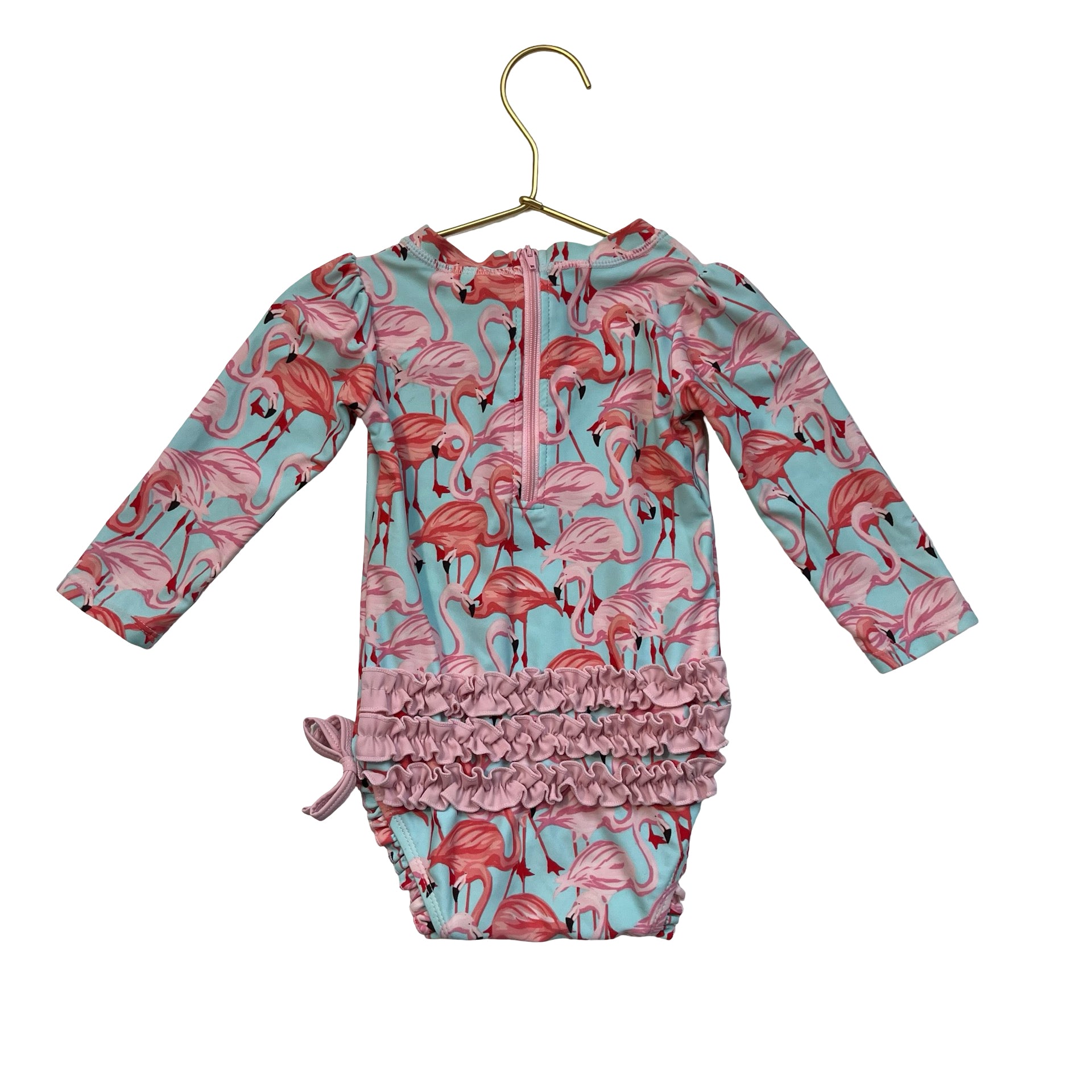 Ruffle Butts Light Blue & Pink Flamingo Print Swim Suit - Size 12-18 Mo