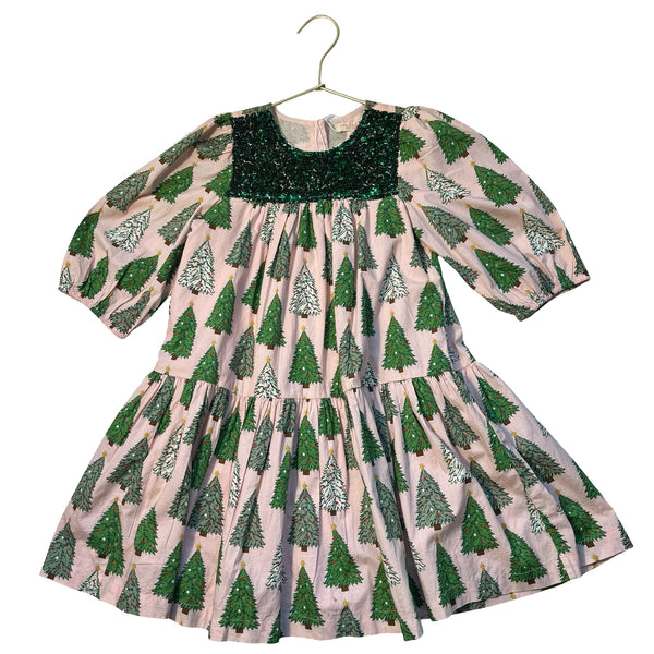 Pink Chicken Pink & Green Christmas Tree Print & Sequin Dress - Size 6Y