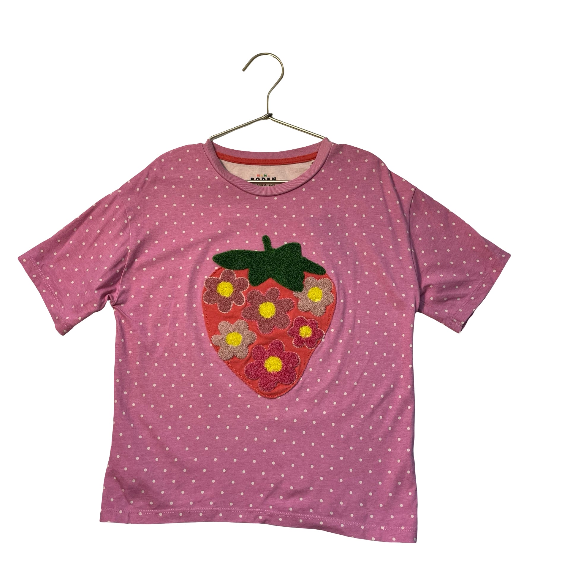 Mini Boden Pink Polka Dot Strawberry Applique T-Shirt - Size 6-7Y