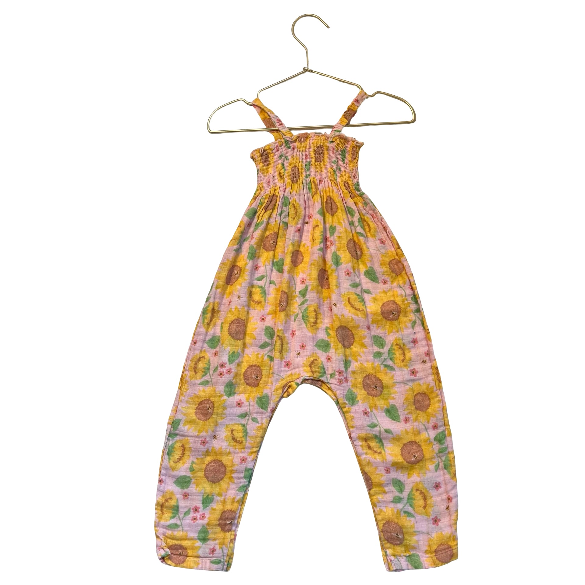 Angel Dear Pink & Yellow Sunflower Print Cotton Gauze Jumpsuit - Size 18-24 Mo