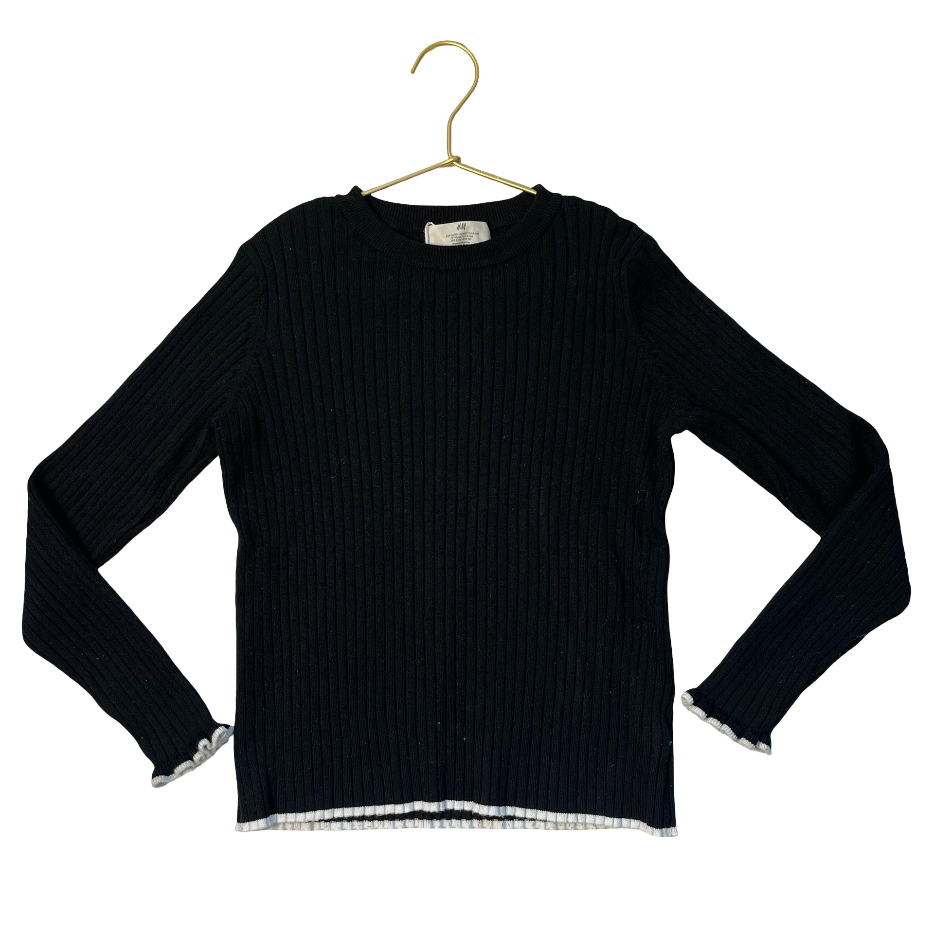 H&M Black Ribbed Knit Sweater, White Trim - Size 8-10