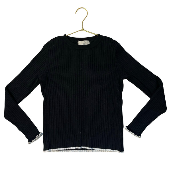 H&M Black Ribbed Knit Sweater, White Trim - Size 8-10
