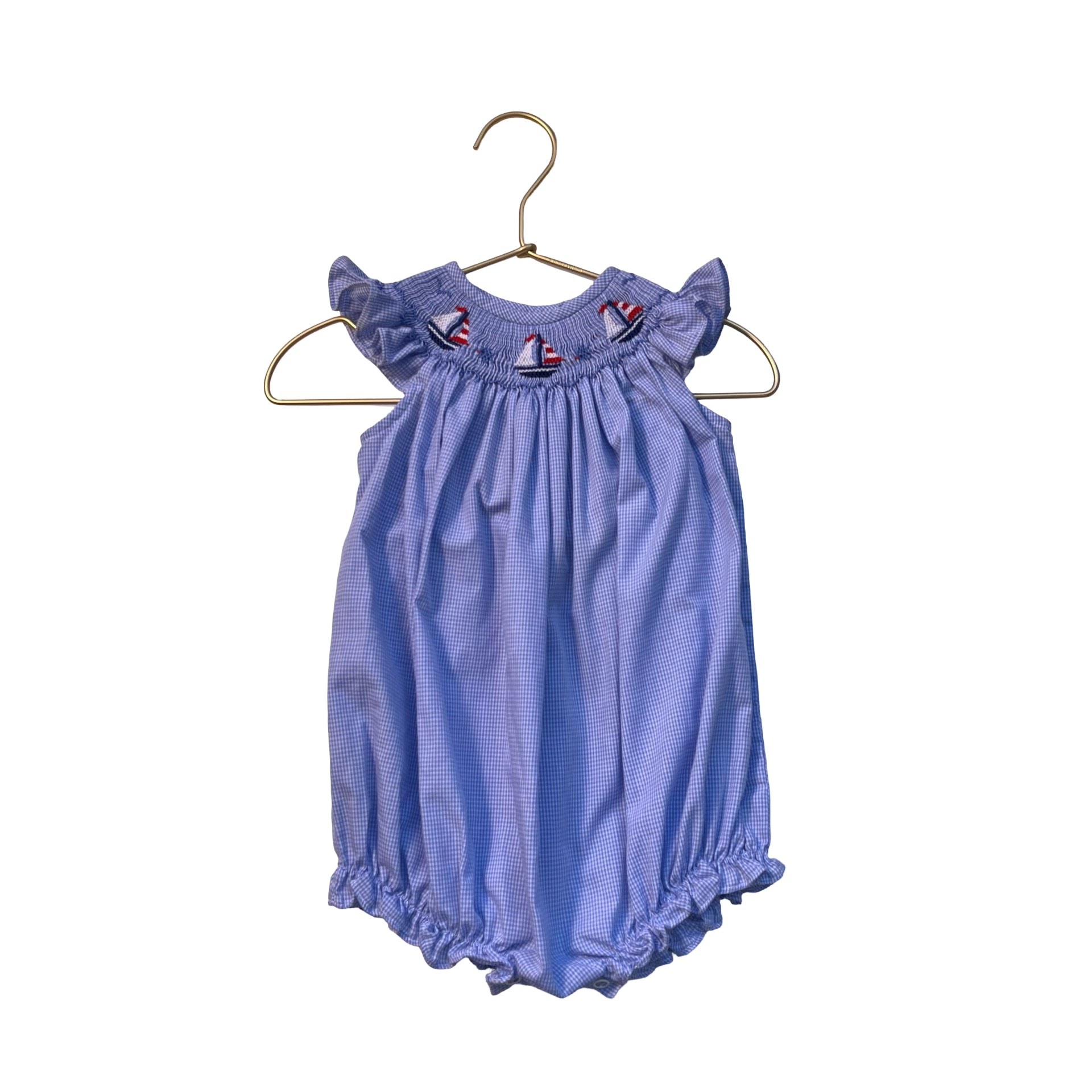 Bailey Boys Blue Check Smocked Embroidered Sailboat Bubble Romper - Size 9 Mo