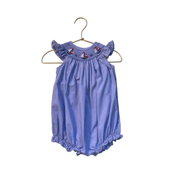 Bailey Boys Blue Check Smocked Embroidered Sailboat Bubble Romper - Size 9 Mo