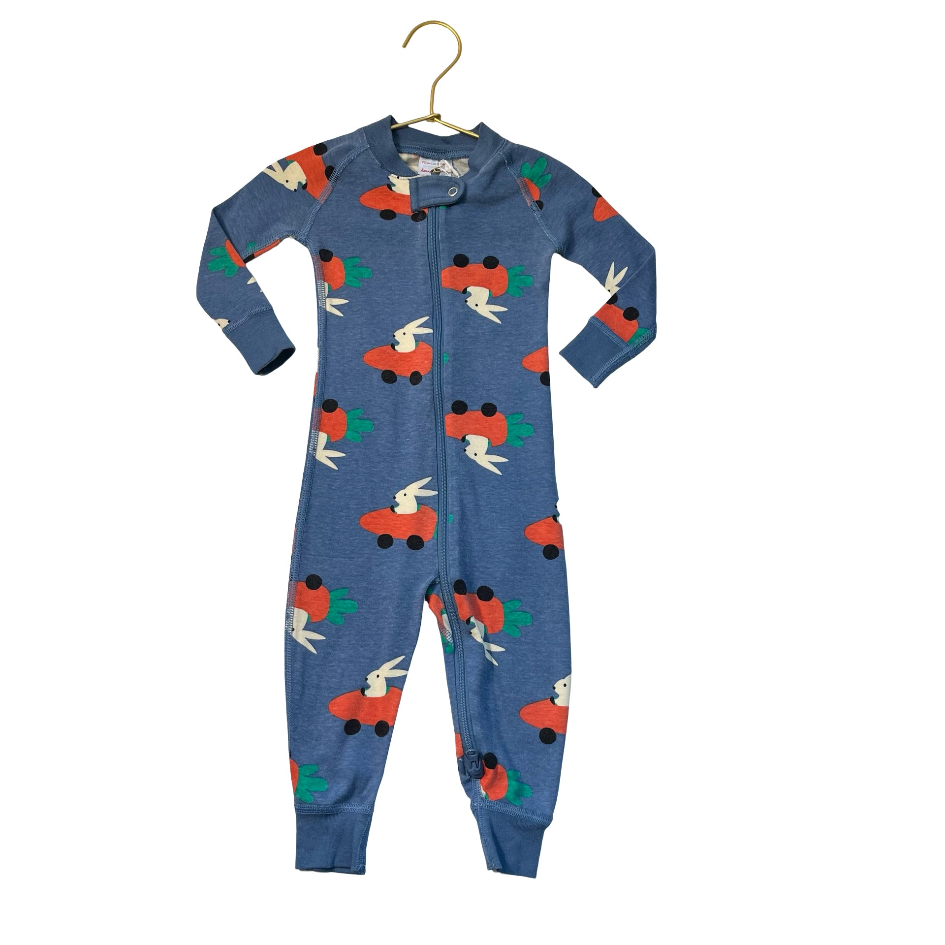 Hanna Andersson Blue Bunny in Carrot Car Print One-Piece PJs - Size 12-18 Mo