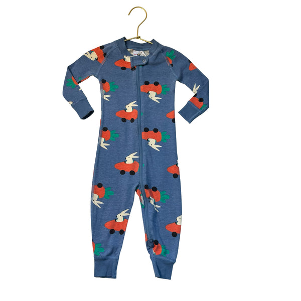 Hanna Andersson Blue Bunny in Carrot Car Print One-Piece PJs - Size 12-18 Mo