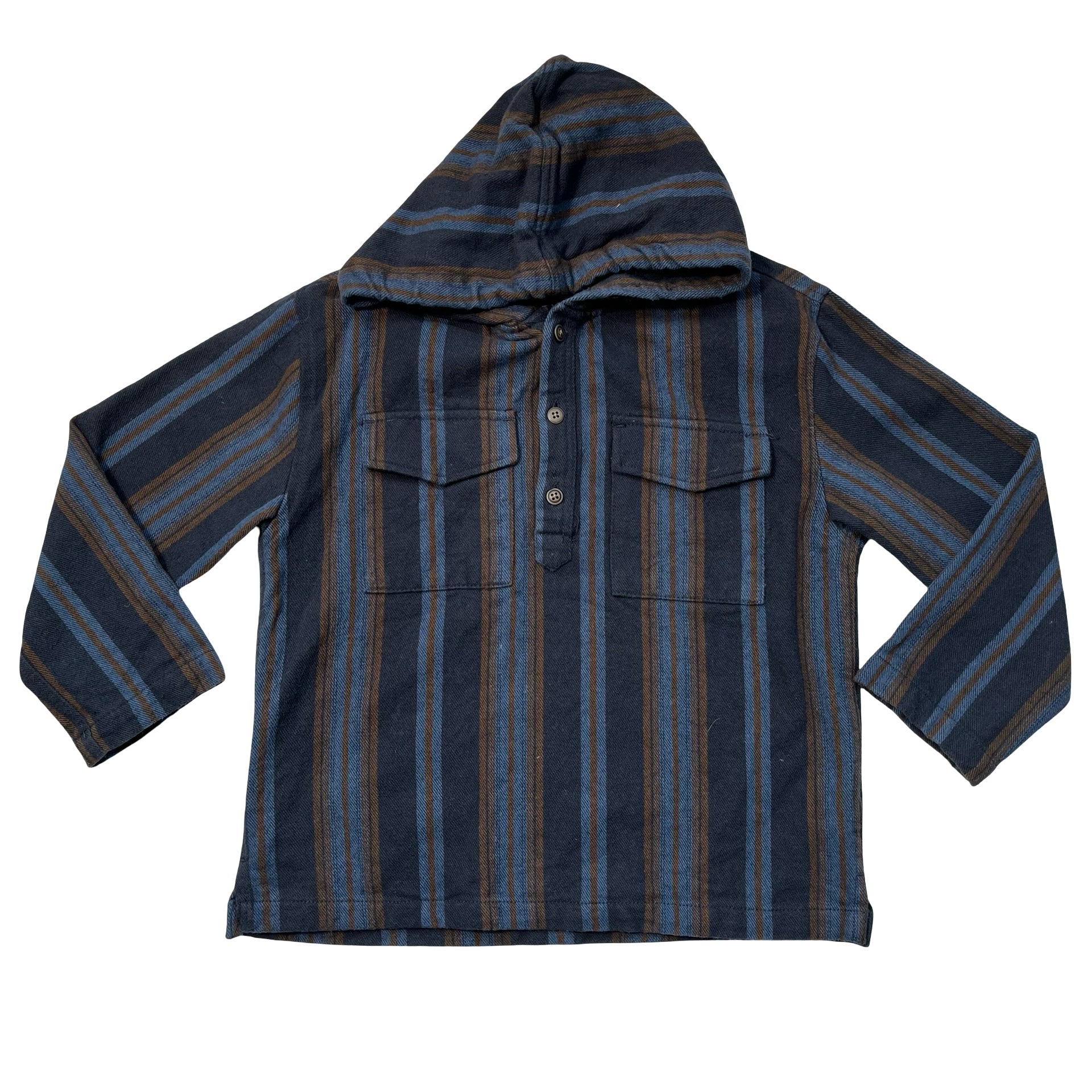 Zara Navy, Blue, Brown Striped Flannel Hooded Pullover - Size 6
