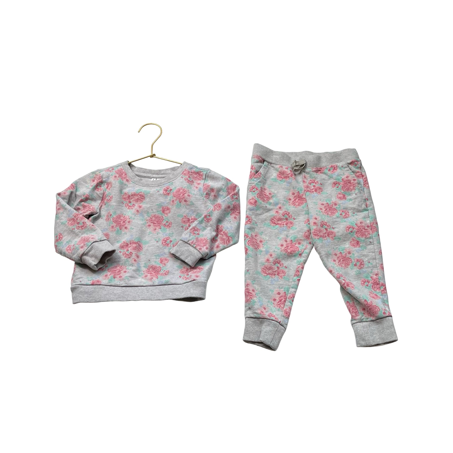 Janie and Jack Gray, Pink & Teal Rose Print Sweatshirt & Jogger Set - Size 2
