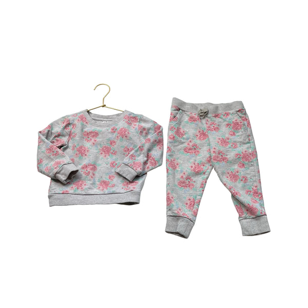 Janie and Jack Gray, Pink & Teal Rose Print Sweatshirt & Jogger Set - Size 2