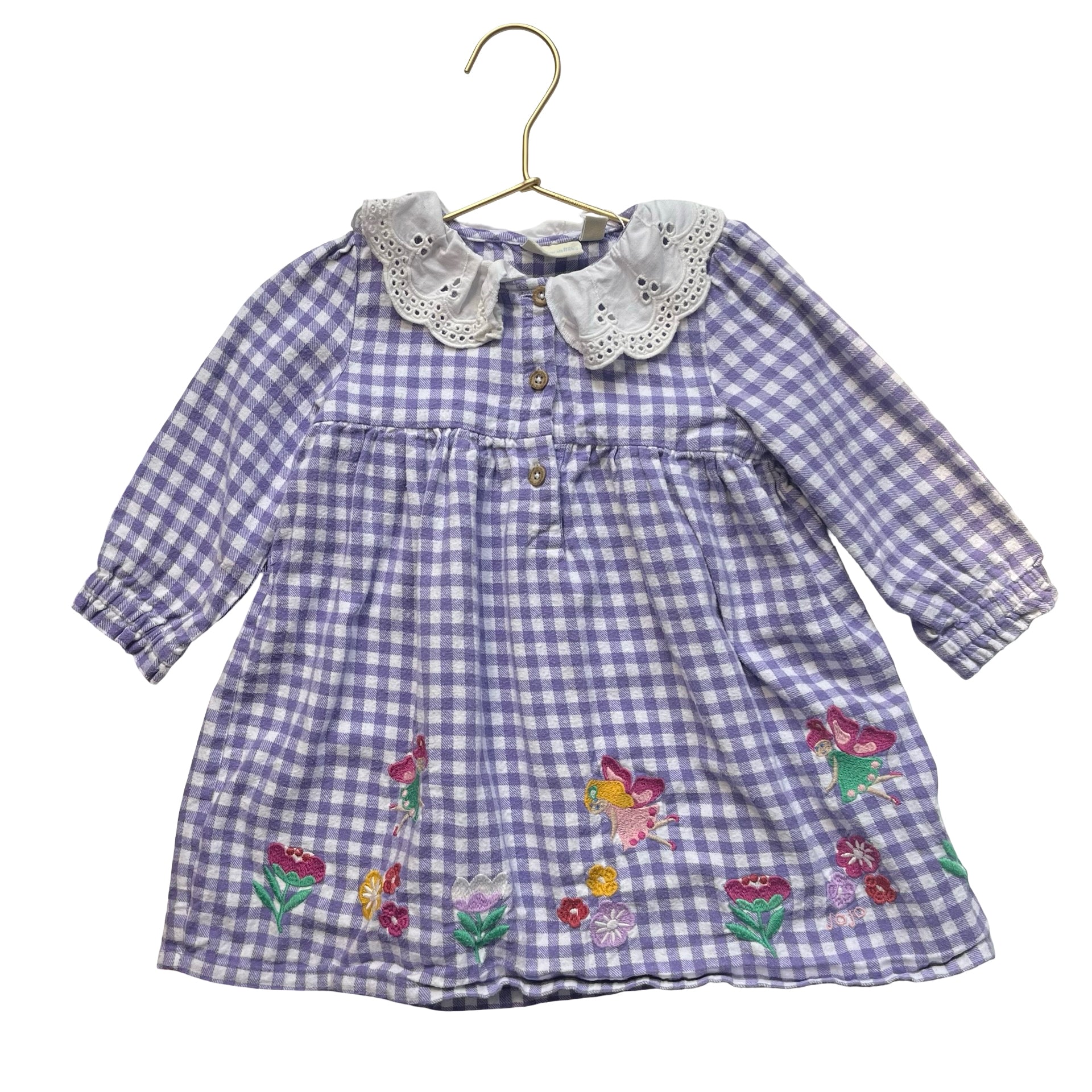 JoJo Maman Bebe Lavender Check Flannel Embroidered Fairy Dress - Size 18-24 Mo
