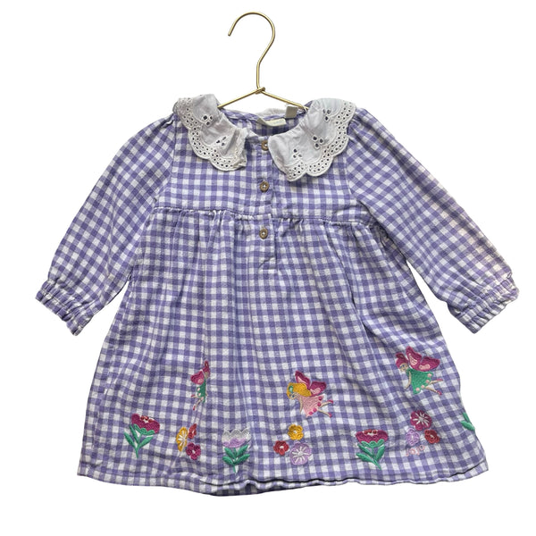 JoJo Maman Bebe Lavender Check Flannel Embroidered Fairy Dress - Size 18-24 Mo