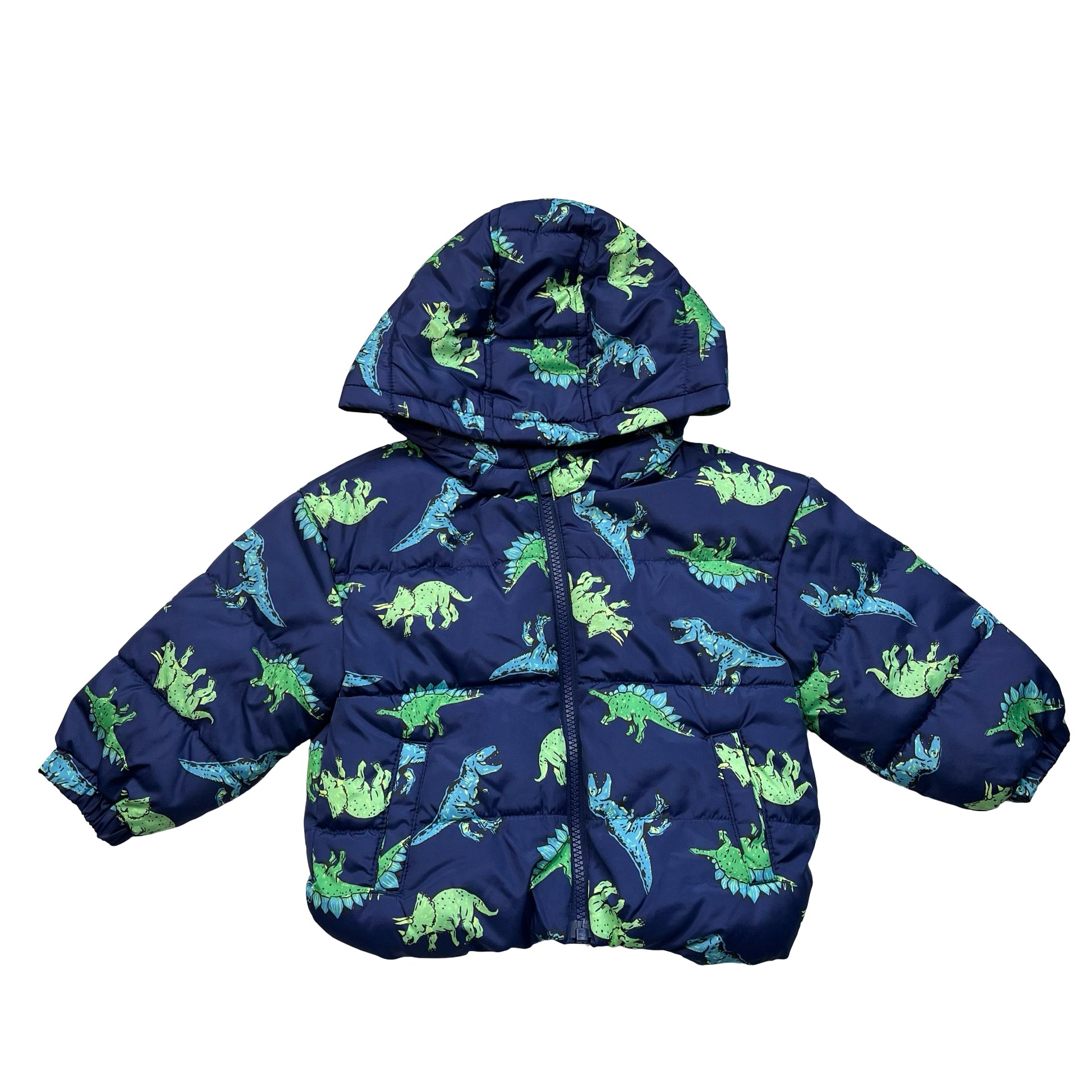 Old Navy Navy & Green Dino Print Hooded Puffer Jacket - Size 18-24 Mo