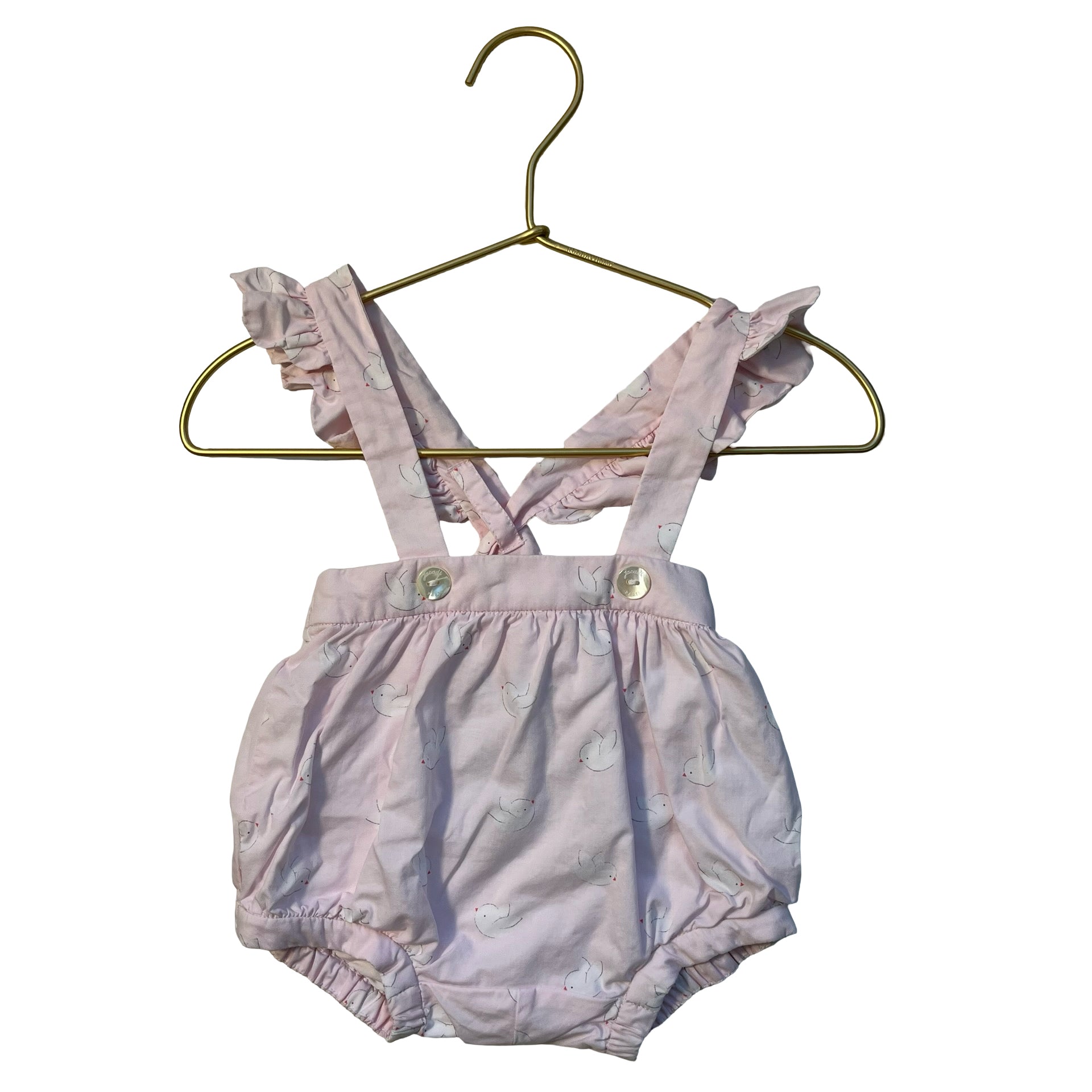 Jacadi Pale Pink Bird Print Overall Bubble Romper - Size 1 Mo
