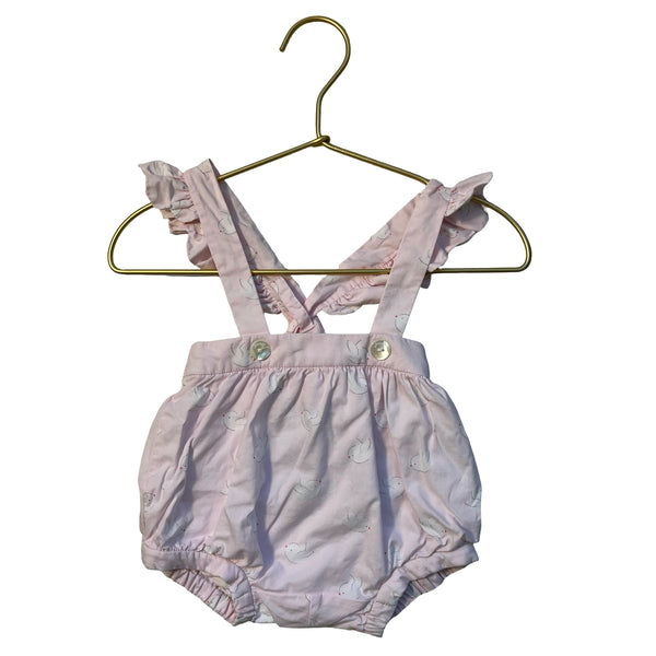 Jacadi Pale Pink Bird Print Overall Bubble Romper - Size 1 Mo