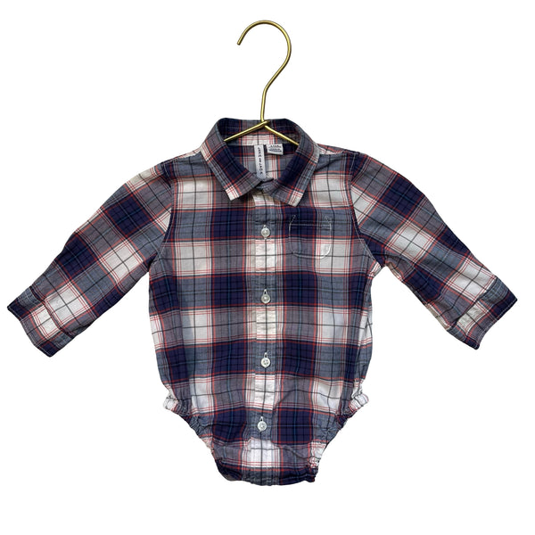 Janie and Jack Blue, White, Red Plaid Button Down Bodysuit - Size 3-6 Mo