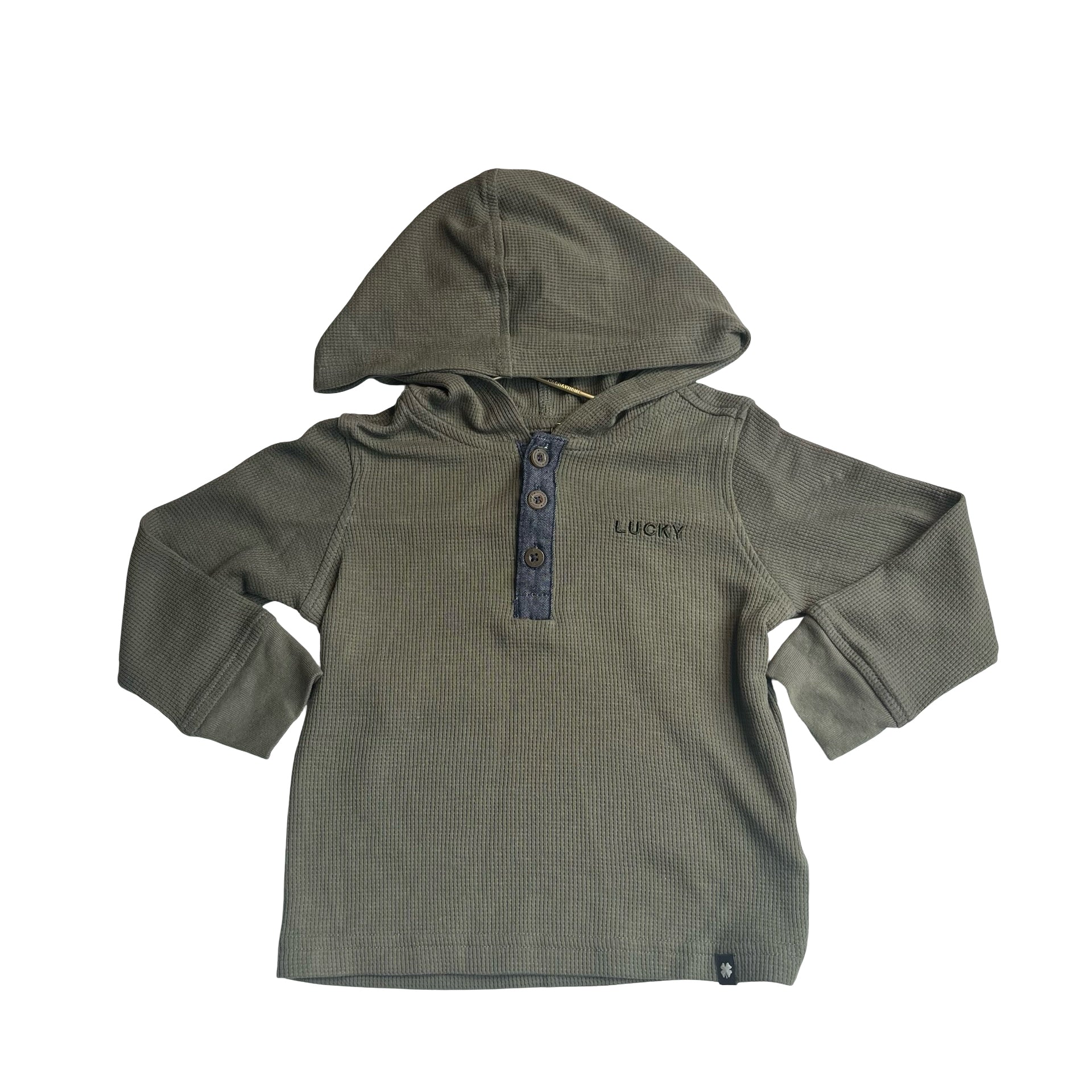 Lucky Brand Olive Green Hooded Waffle Henley Shirt - Size 24 Mo
