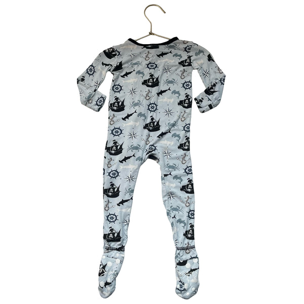 KicKee Light Blue Pirate & Nautical Print Footed One-Piece PJs - Size 9-12 Mo