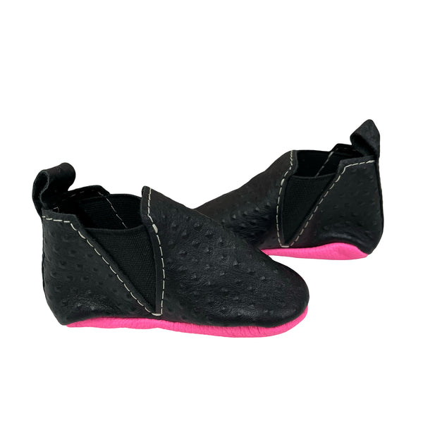 Freshly Picked Black & Neon Pink Leather Soft-Sole Booties - Size 3