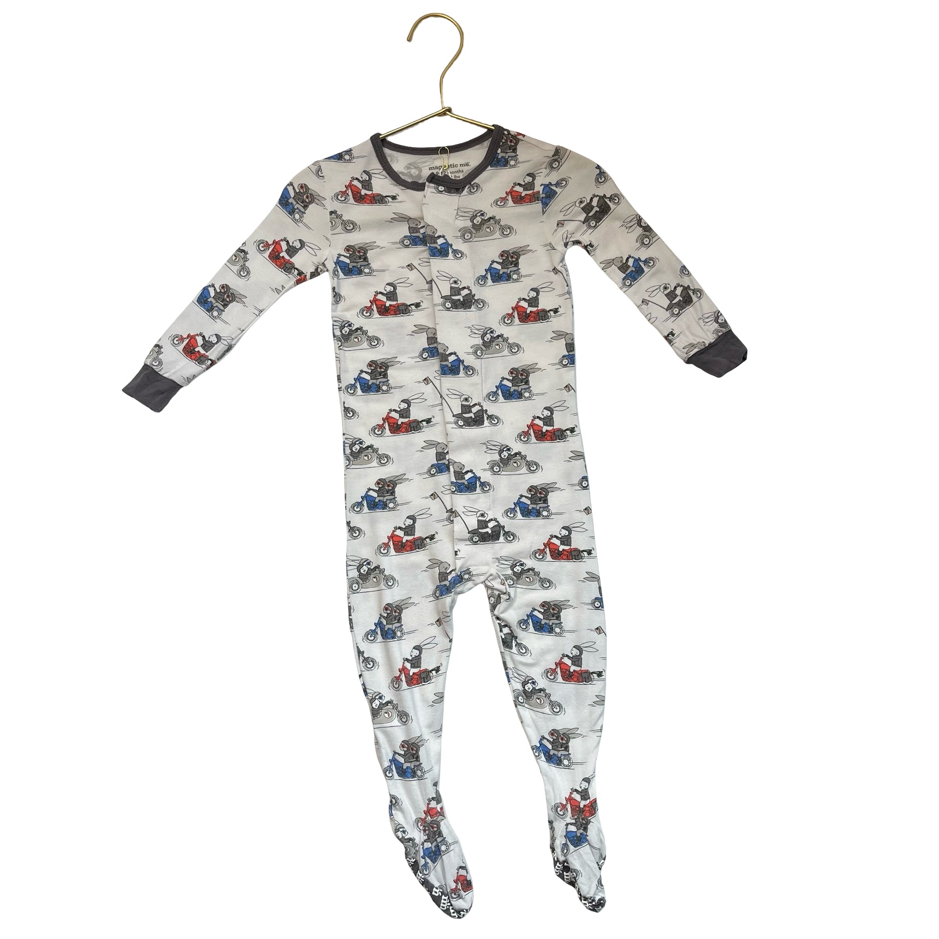 Magnetic Me Motorcycle Bunny Print Footed PJs  - Size 9-12 Mo