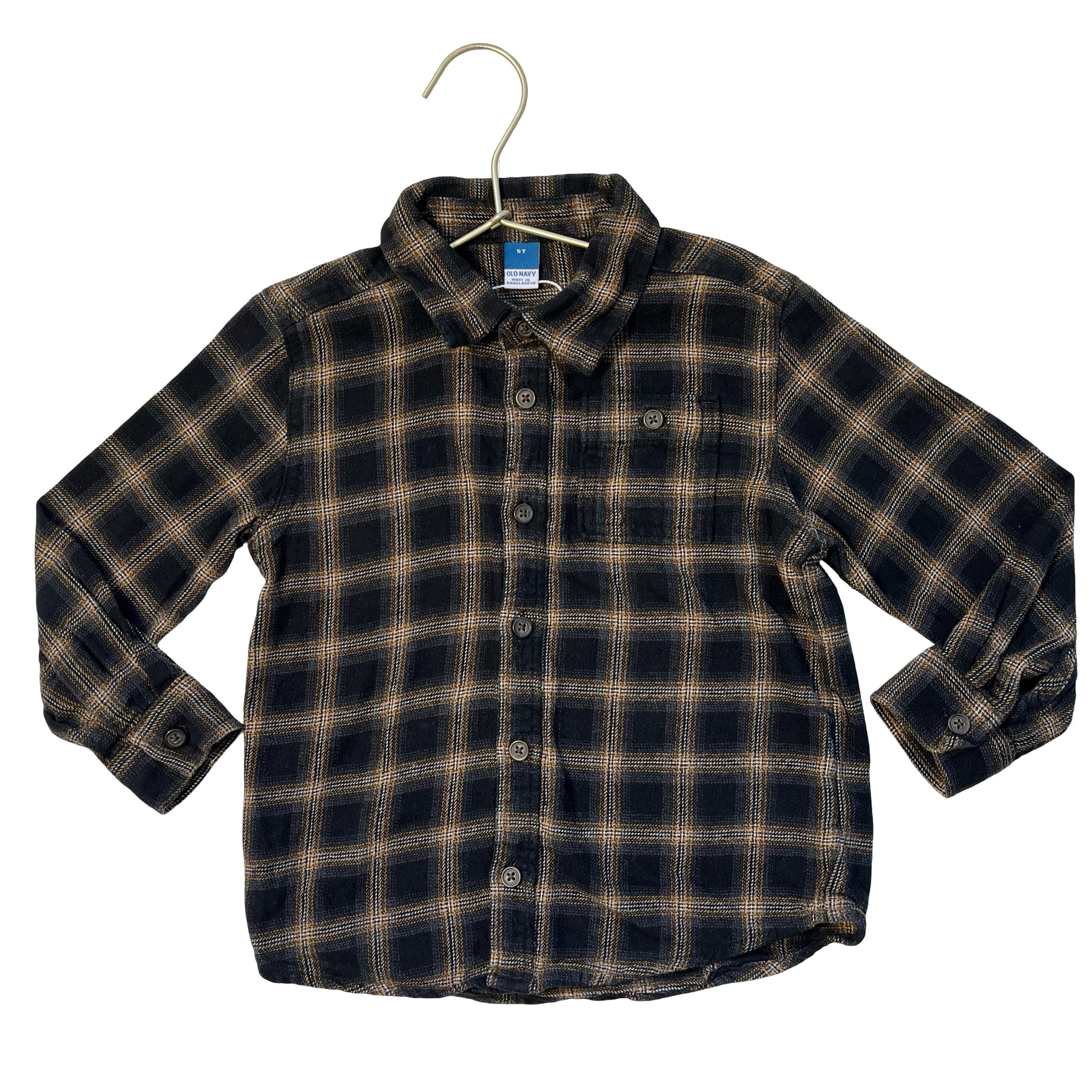 Old Navy Black, Brown, Gray Plaid Flannel Button Down Shirt - Size 5T
