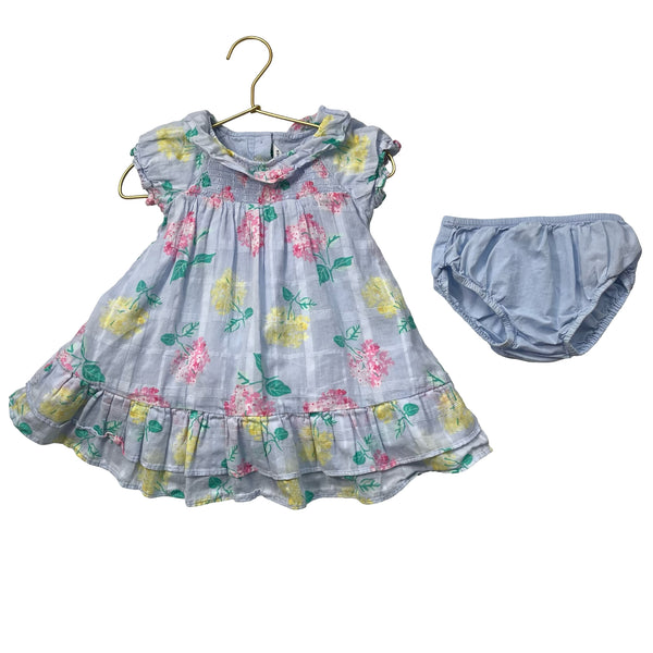 Janie and Jack Light Blue Flower Print Dress & Bloomers - Size 12-18 Mo