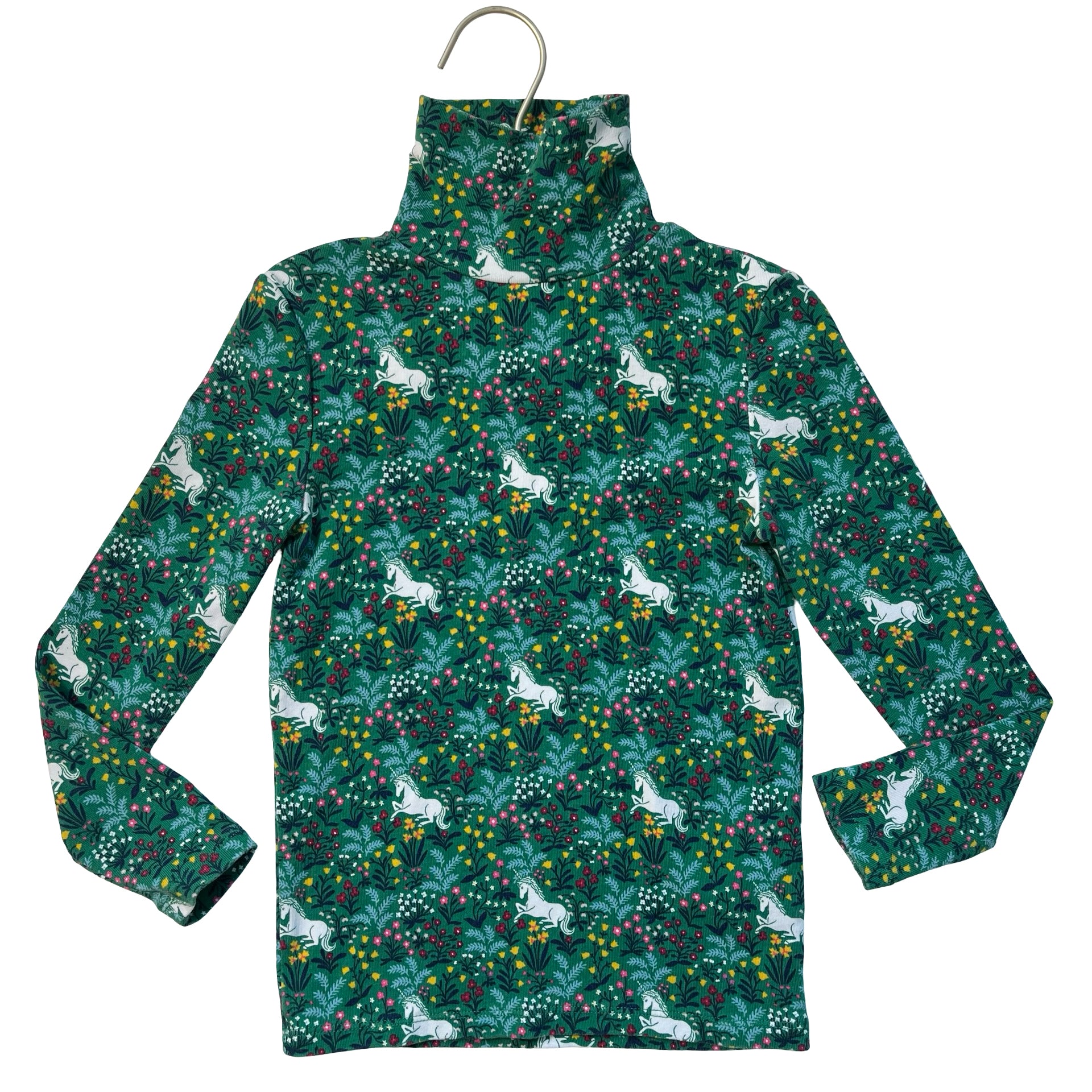 Mini Boden Green Floral & Unicorn Turtleneck - Size 6-7