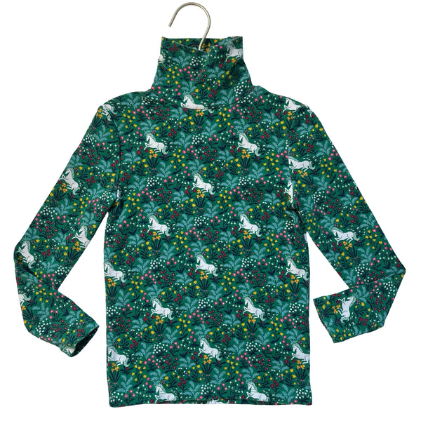 Mini Boden Green Floral & Unicorn Turtleneck - Size 6-7