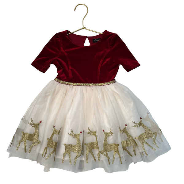 Zunie Red Velour & Ivory Tulle Glitter Reindeer Dress - Size 2