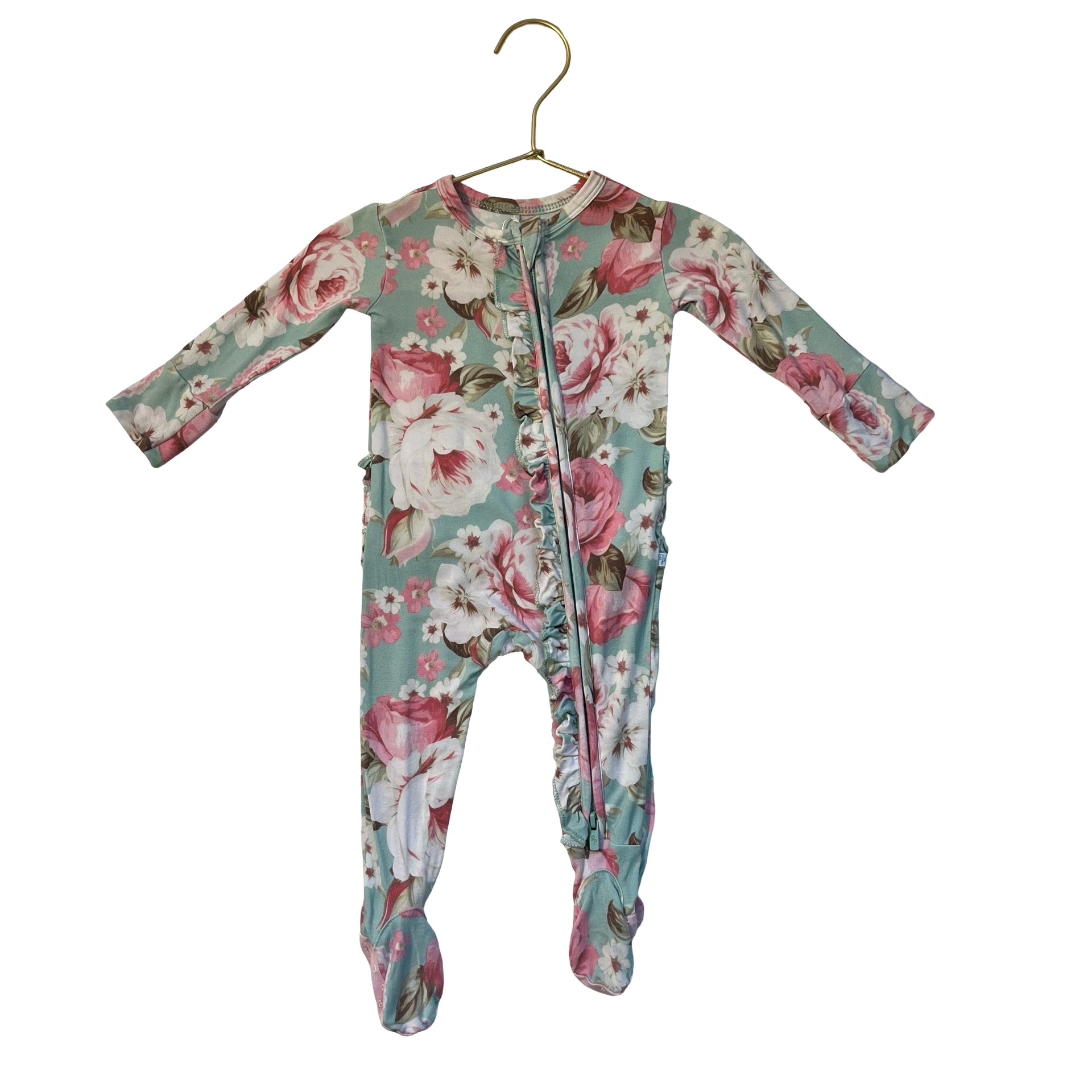 Posh Peanut Sage Green Floral Ruffle Footed One-Piece - Size 0-3 Mo
