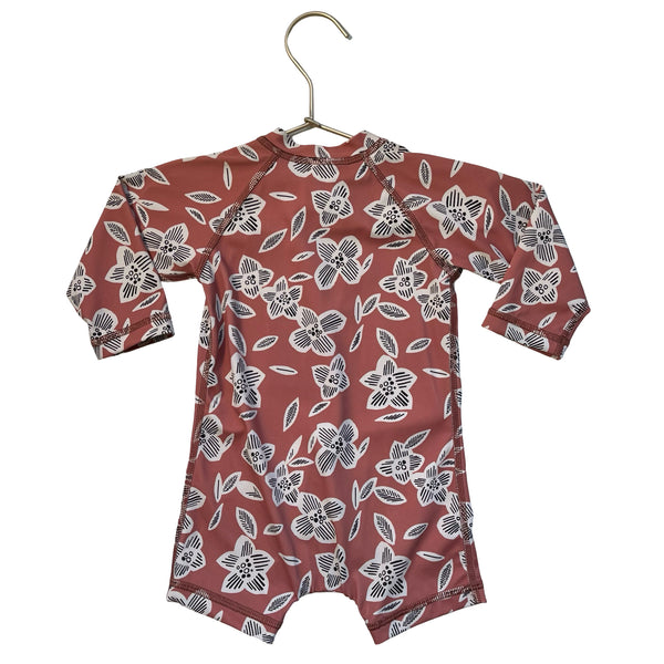 Hanna Andersson Terra Cotta Flower Print Swim Suit Romper - Size 6-12 Mo