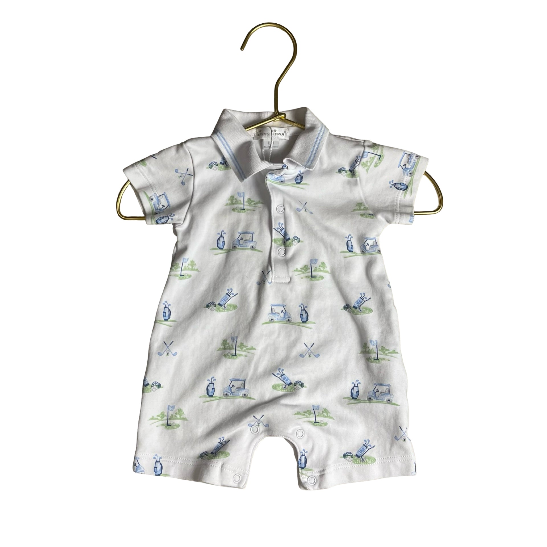 Kissy Kissy White, Blue, Green Golf Print Polo Romper - Size 0-3 Mo