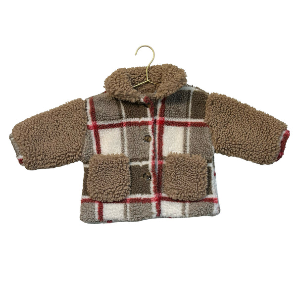 Zara Brown, Ivory, Red Plaid Sherpa Jacket - Size 12-18 Mo