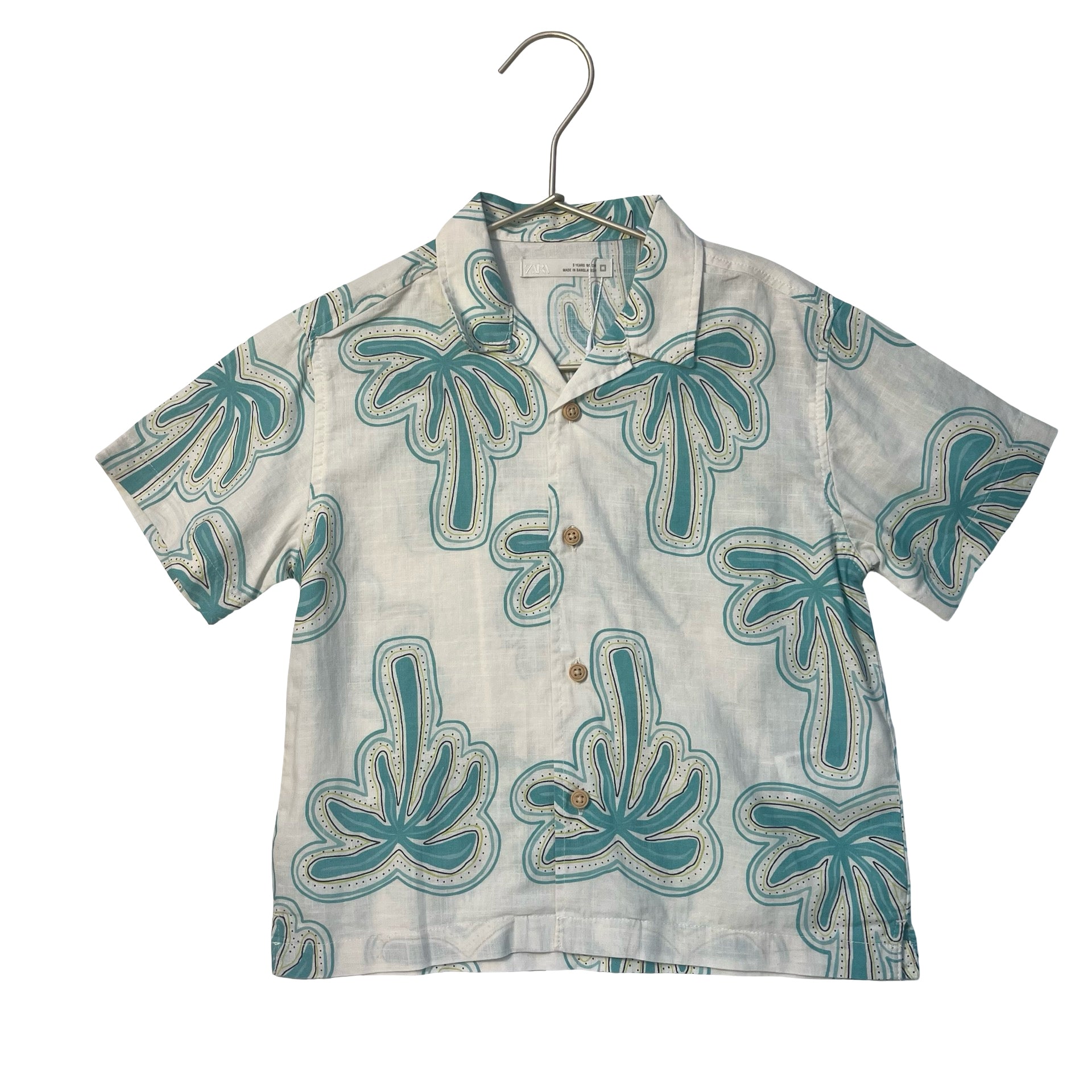 Zara Ivory, Teal, Yellow Palm Tree Button Down Shirt - Size 3