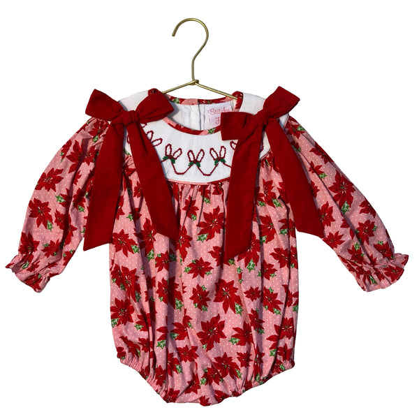 Stitchy Fish Pink & Red Poinsettia Bubble Romper - Size 12 Mo