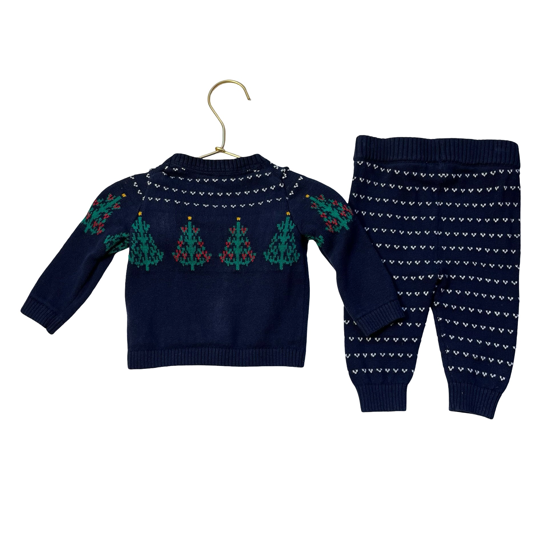 Janie and Jack Navy Cotton Christmas Tree Cardigan Sweater & Knit Pants - 3-6 Mo
