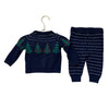 Janie and Jack Navy Cotton Christmas Tree Cardigan Sweater & Knit Pants - 3-6 Mo