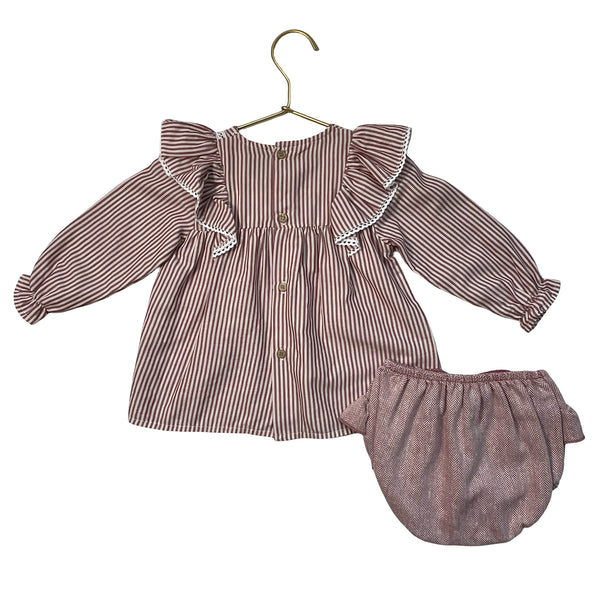 Babidu Maroon & Ivory Striped Blouse & Herringbone Bubble Shorts Set - Size 18 M