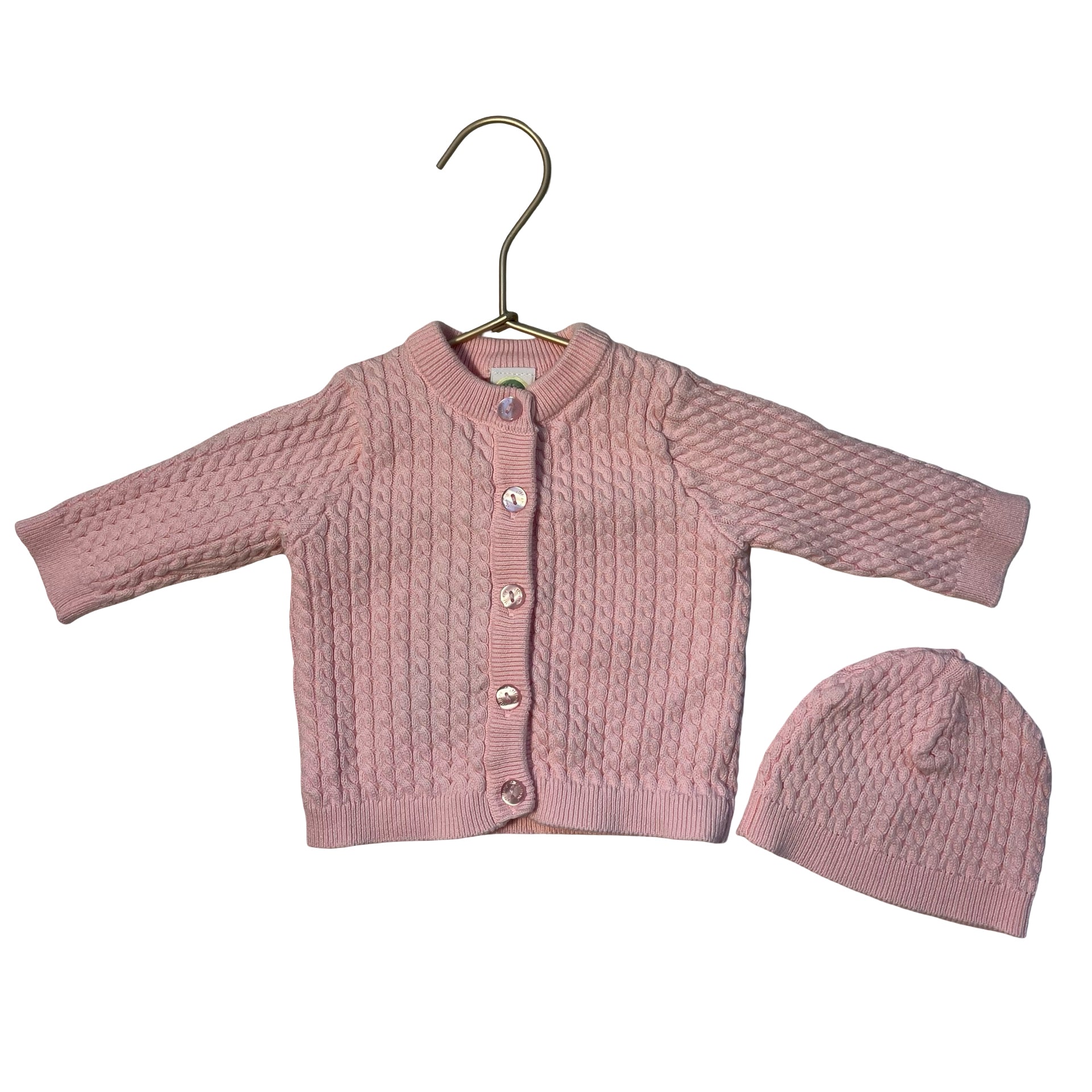 Little Me Pink Cotton Cable-Knit Cardigan Sweater & Hat Set - Size 3 Mo