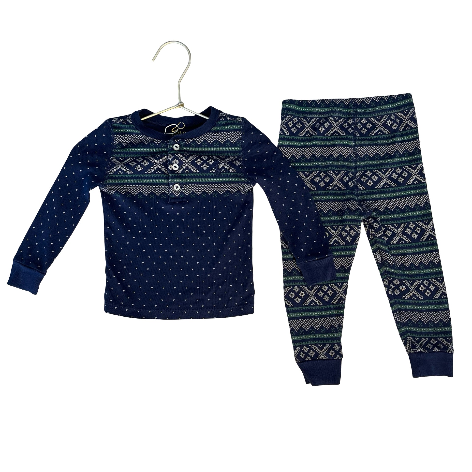 Polo Ralph Lauren Navy Fair Isle Print Henley 2 Piece PJs - Size 18 Mo