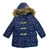 Boden Navy & Gold Foil Dot Faux Fur Hood Toggle Jacket - Size 2-3Y