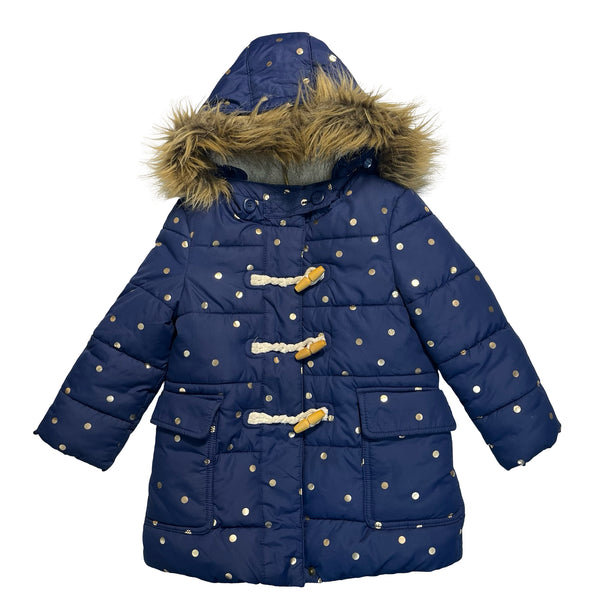 Boden Navy & Gold Foil Dot Faux Fur Hood Toggle Jacket - Size 2-3Y