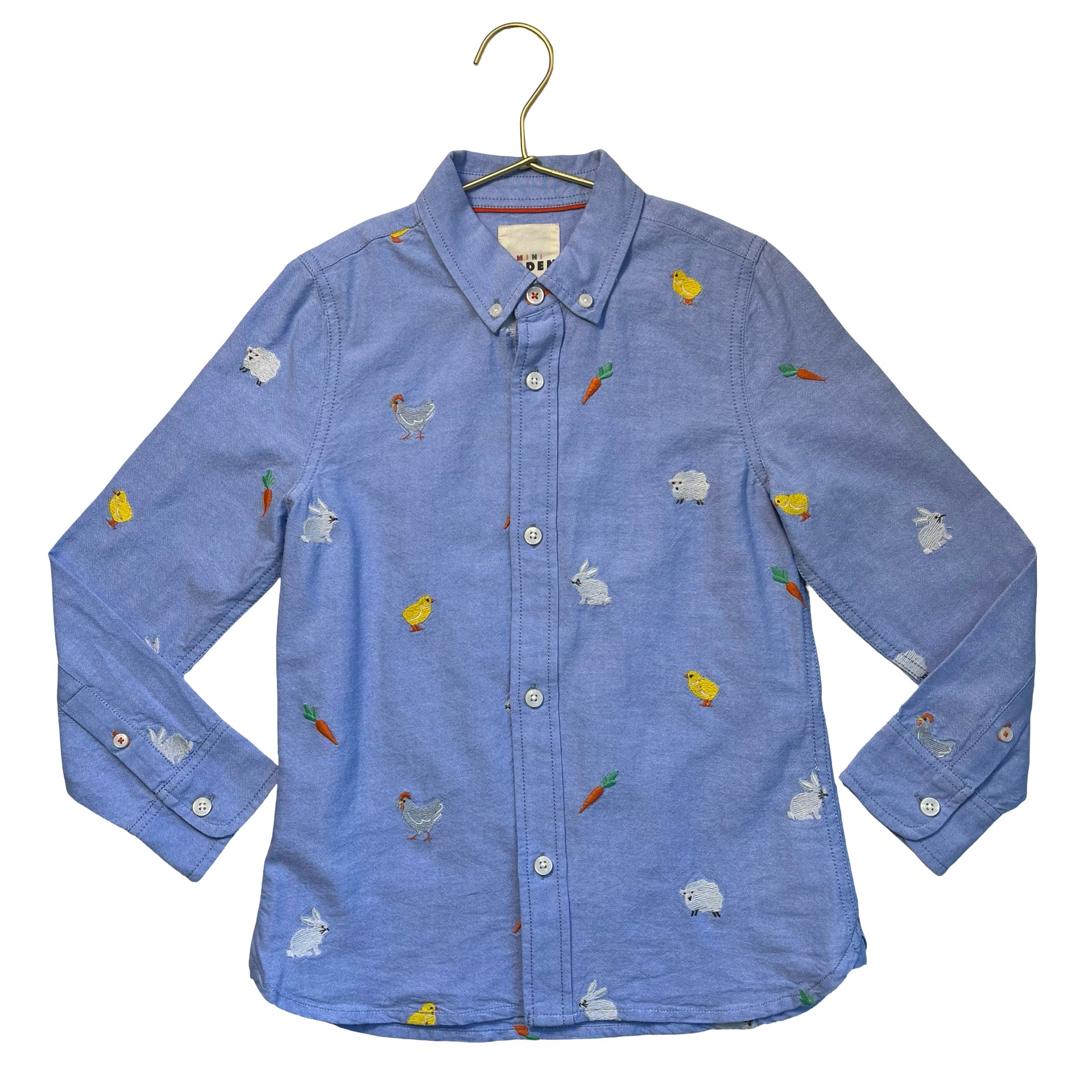 Mini Boden Blue Oxford Cloth Embroidered Farm Animal Button Down Shirt - 7-8Y