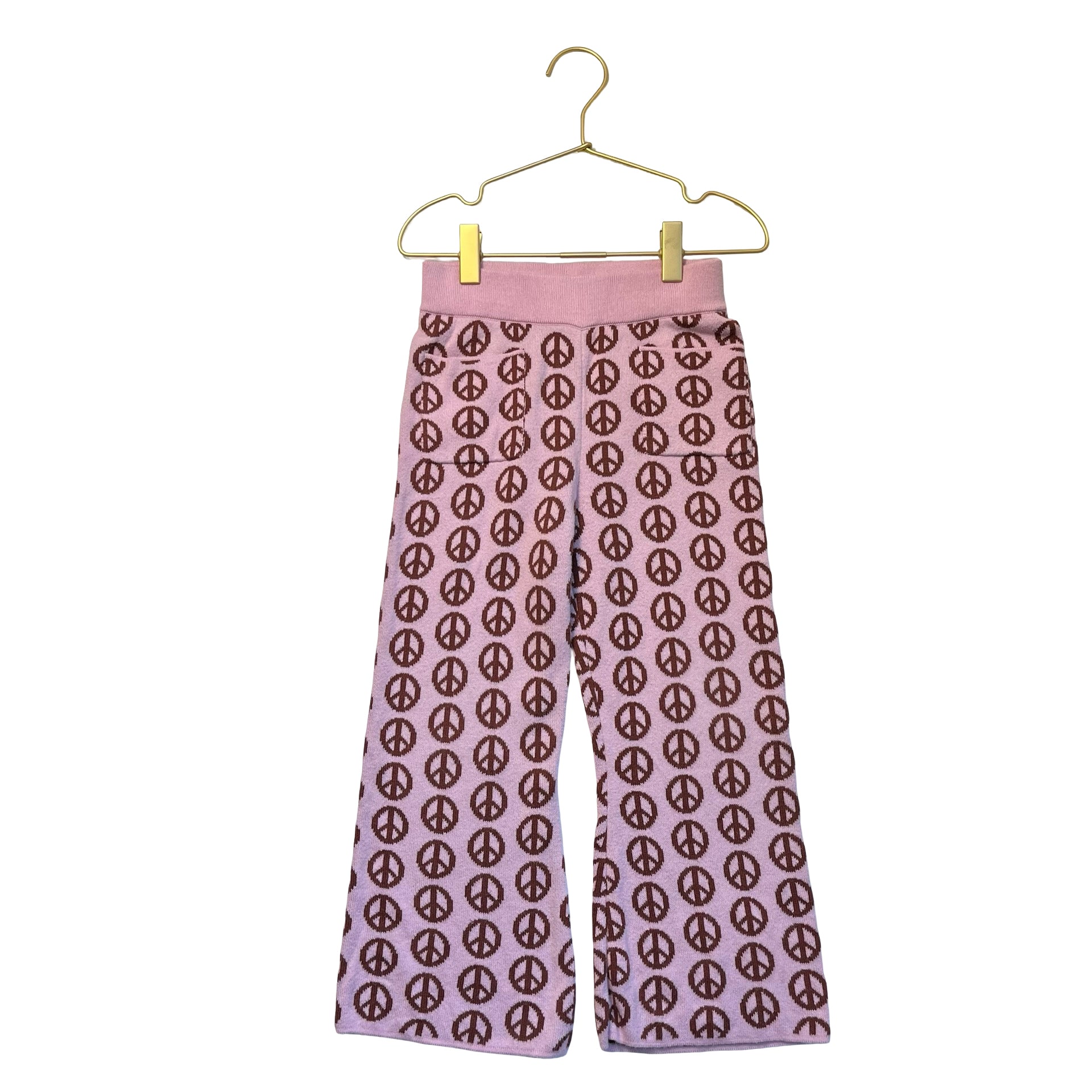 Misha & Puff Pink & Brown Peace Sign Cotton Knit Wide-Leg Pants - Size 5Y