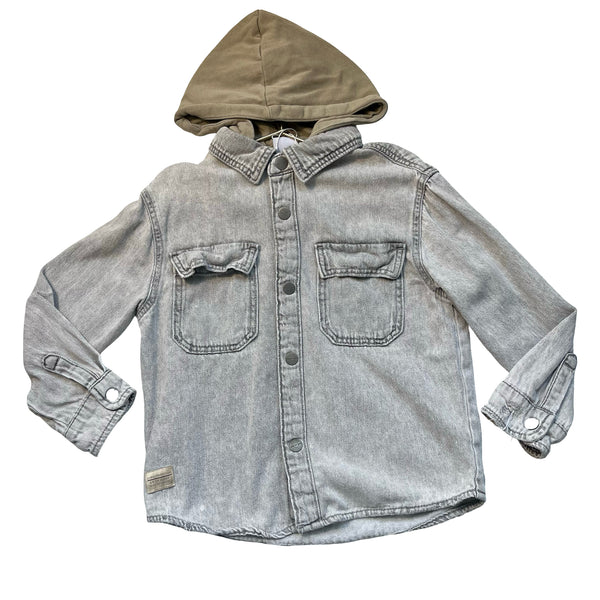 Zara Gray Distressed Denim Sweatshirt Hood Shacket Shirt - Size 7