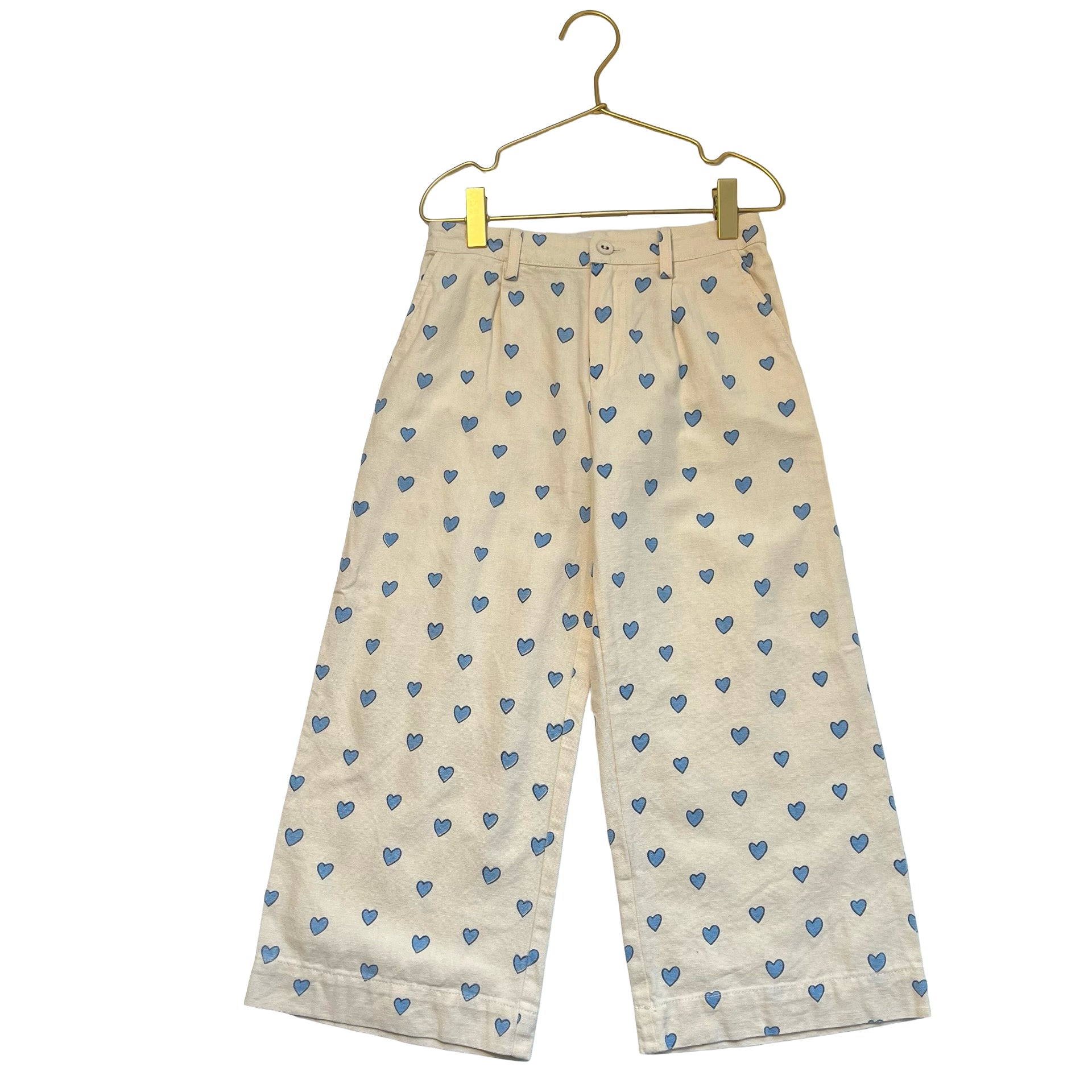 Emile et Ida Ivory & Blue Heart Print Pleated Wide-Leg Cropped Pants - Size 8A