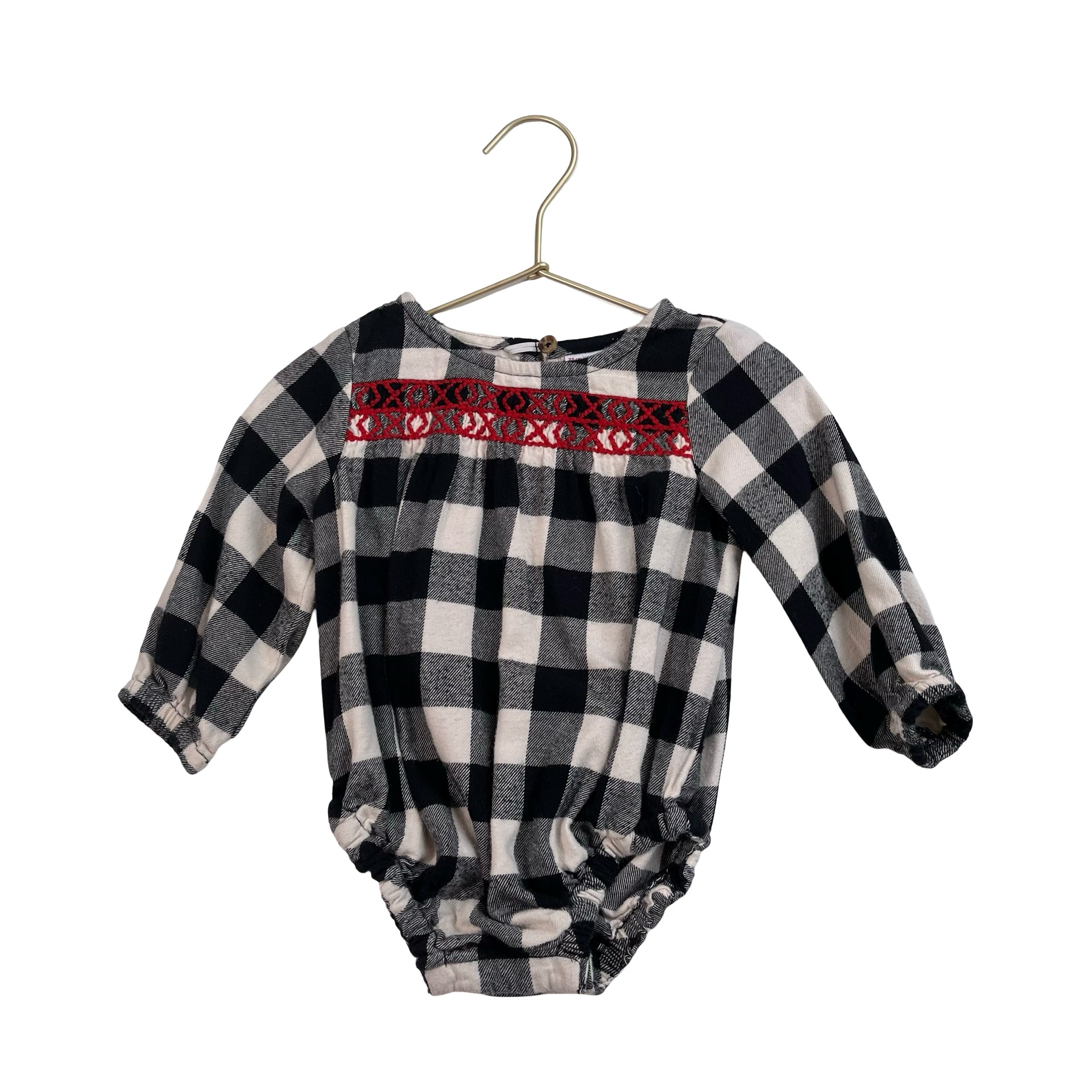Hanna Andersson Black, Ivory & Red Check Embroidery One Piece - Size 12-18 Month