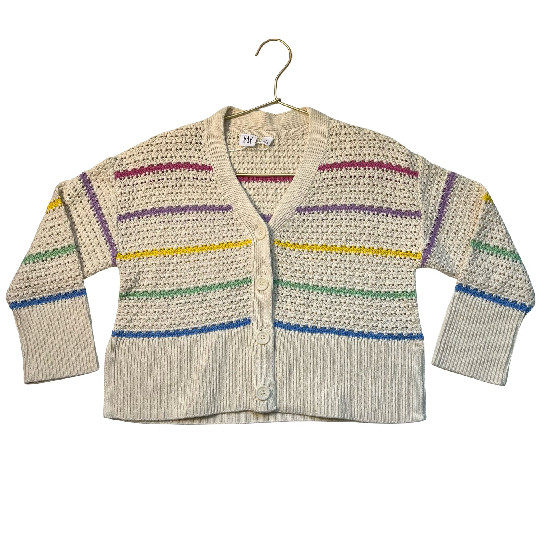Gap Kids Ivory & Rainbow Striped Cotton Crochet Cardigan Sweater - Size M 8