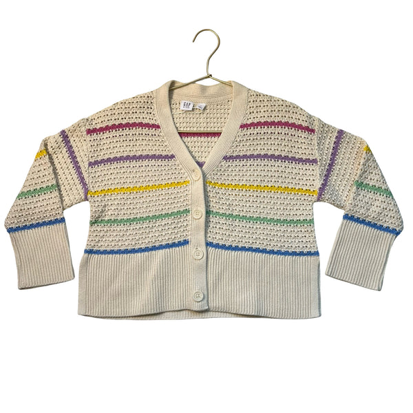 Gap Kids Ivory & Rainbow Striped Cotton Crochet Cardigan Sweater - Size M 8